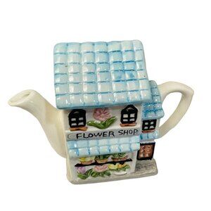 Vintage Ceramic Flower Shop Teapot Planter Cute Blue & White House Décor Piece 4